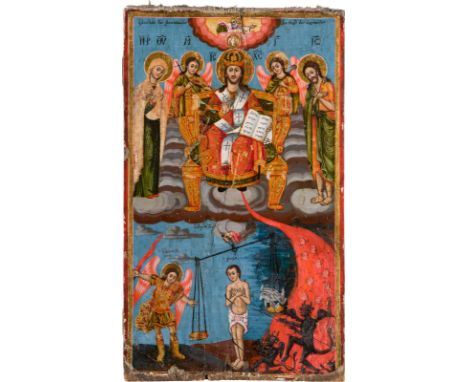 A LARGE DATED ICON SHOWING THE EXTENDED DEISIS AND THE ARCHANGEL WEIGHING THE SOUL ERZENGEL MICHAEL Greek, dated 1842 Grieche