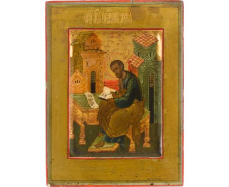 A SMALL ICON SHOWING ST. LUKE THE EVANGELIST Russian, 2nd half 19th century Tempera on wood panel with kovcheg. The detailed 