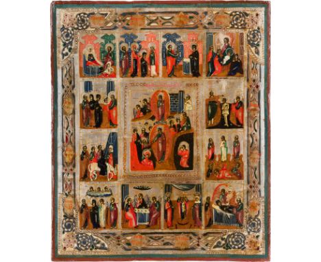 A FEAST DAY ICON Russian, late 19th century Tempera on wood panel. The background made of silver. Minimally worn and restored