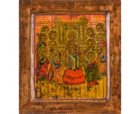 A SMALL ICON SHOWING THE PENTECOST Russian, 19th century Tempera on wood panel with kovcheg. Executed on a gold ground. The b