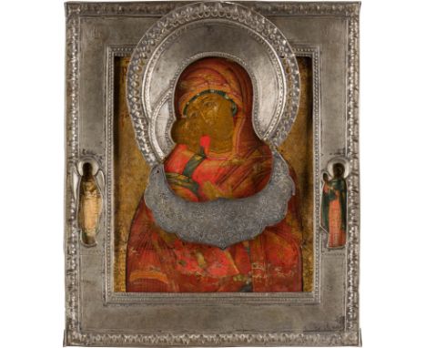 AN ICON SHOWING THE VLADIMIRSKAYA MOTHER OF GOD WITH BASMA AND TSATA Russian, circa 1800 (icon), Russian, circa 1800 (basma) 