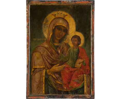 A VERY LARGE ICON SHOWING THE HODIGITRIA MOTHER OF GOD Mount Athos, 19th century Tempera on wood panel. The haloes and detail