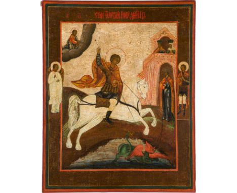 A LARGE ICON SHOWING ST. GEORGE KILLING THE DRAGON Russian, 19th century Tempera on wood panel. Two selected saints on the bo