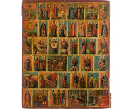A LARGE MENOLOGICAL ICON FOR THE MONTH OF AUGUST Russian, 18th century Tempera on wood panel. The figures shown within gilt b