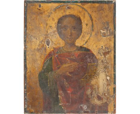 A SMALL ICON SHOWING ST. PANTELEIMON Mount Athos, Panteleimon Monastery, circa 1900 Oil on wood panel. On the reverse stamp o