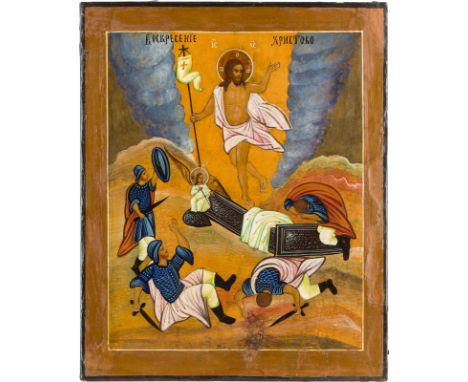 AN ICON SHOWING THE RESURRECTION OF CHRIST Russian, 19th century Tempera on wood panel. Partially restored. 31.5 x 26 cm.    