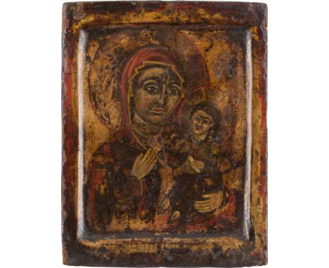 A SMALL ICON SHOWING THE HODIGITRIA MOTHER OF GOD Greek, 18th century Tempera on wood panel with kovcheg. Traces of gilding. 