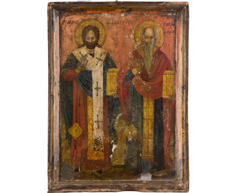AN ICON SHOWING ST. ATHANASIOS AND HARALAMBOS Greek, 18th century Tempera on wood panel. Losses, restored. 35.6 x 26.2 cm.   