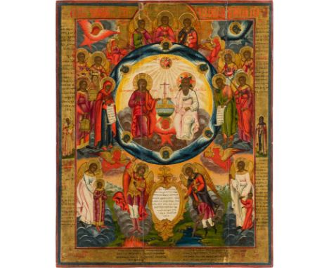 A LARGE ICON SHOWING THE NEW TESTAMENT TRINITY AND THE ARCHANGELS Russian, Vetka, mid 19th century Tempera on wood panel. Exe