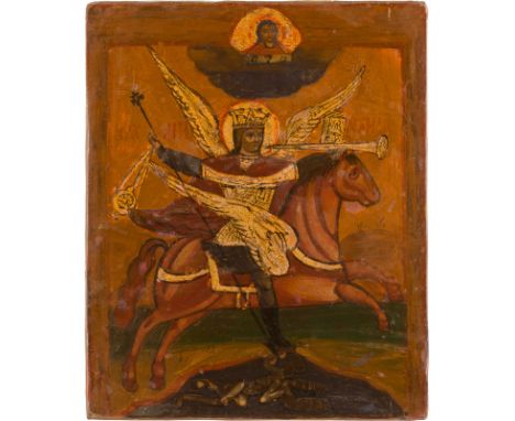 A SMALL ICON FRAGMENT SHOWING THE ARCHANGEL MICHAEL AS HORSEMAN OF THE APOCALYPSE Russian, 19th century Russland, 19. Jh. Tem