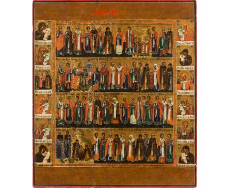 A MENOLOGICAL ICON FOR THE MONTH OF MAY WITH IMAGES OF THE MOTHER OF GOD Russian, 19th century Tempera on wood panel. Execute