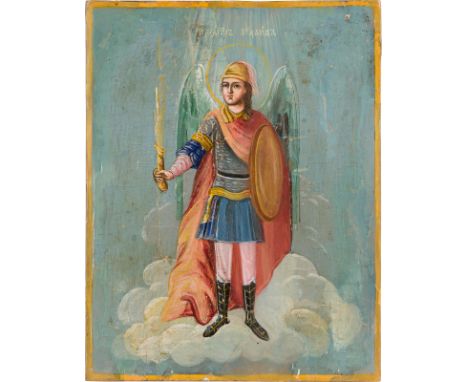 A SMALL ICON SHOWING THE ARCHANGEL MICHAEL Russian, 19th century Oil on wood panel. Restorations. 17.7 x 13.7 cm.     KLEINE 
