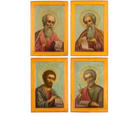 A SET OF FOUR LARGE ICONS SHOWING THE FOUR EVANGELISTS Russian, 19th century Tempera on wood panel with kovcheg. The garments