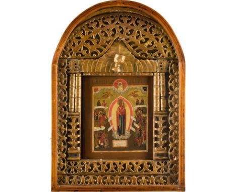 AN ICON SHOWING THE MOTHER OF GOD 'JOY TO ALL WHO GRIEVE' WITHIN A KYOT Russian, 19th century Tempera on wood panel. Executed