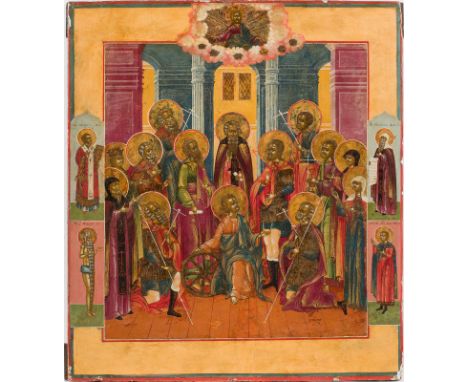 A LARGE ICON SHOWING THE NINE MARTYRS OF KYZIKOS Russian, circa 1800 Tempera on wood panel. The haloes made of gold. Four sel