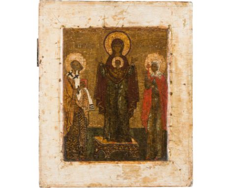 A FINE ICON SHOWING THE MOTHER OF GOF OF THE SIGN FLANKED BY STS. NICHOLAS OF MYRA AND ANASTASIA Russian, circa 1600 Tempera 