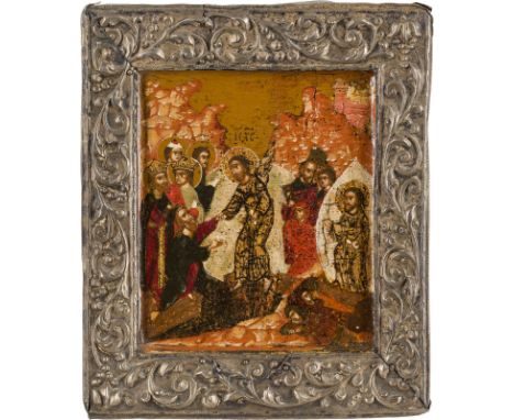A FINE SMALL ICON SHOWING THE RESURRECTION OF CHRIST AND THE DESCENT INTO HELL WITH BASMA Russian, circa 1600 (icon), Russian