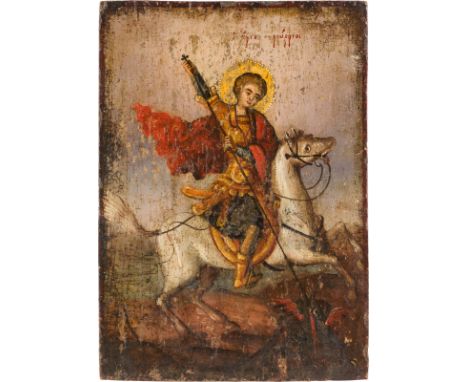 A SMALL ICON SHOWING ST. GEORGE KILLING THE DRAGON Greek, 19th century Oil on wood panel. The halo made of gold. Minimally re