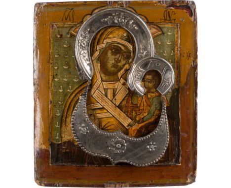 AN ICON SHOWING THE SHUISKAYA MOTHER OF GOD WITH HALO AND TSATA Russian, 17th century (icon), Russian, Moscow, 1787 (halo) Te