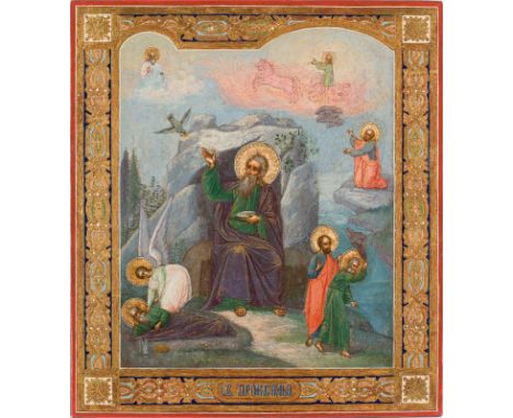 AN ICON SHOWING THE PROPHET ELIJAH, HIS LIFE IN THE DESERT AND HIS FIERY ASCENT Russian,  late 19th century Oil on wood panel