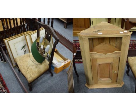 Framed book plates; a pine corner cupboard; a nursing chair; and a lamp 