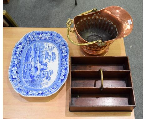 A Georgian mahogany three division cutlery tray with brass handle, a Spode blue and white pearlware meat dish and a copper he