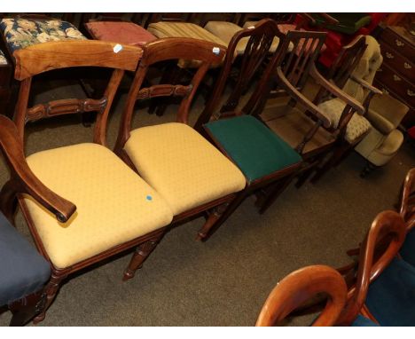 A Victorian button back nursing chair, a Georgian elm elbow chair, a Georgian oak plank seated chair, a pair of regency rosew