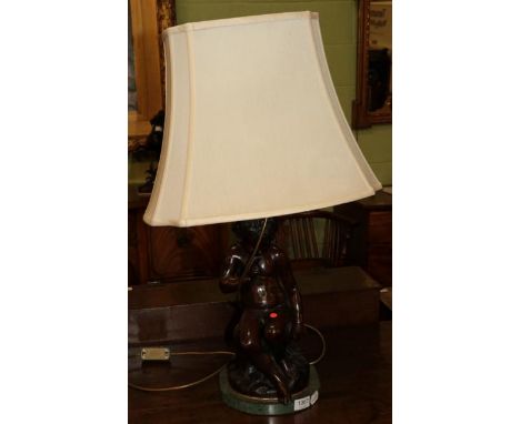 A spelter figural lamp on green marble base