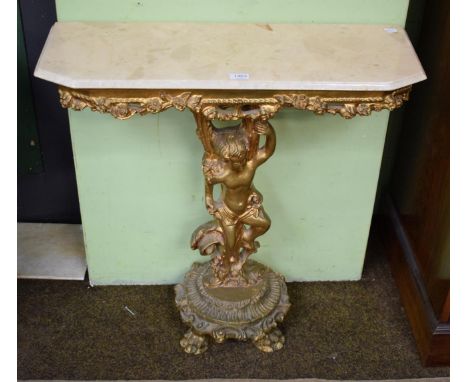 A figural gilt console table with faux marble top 