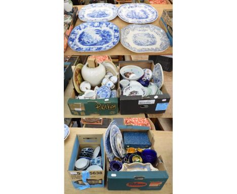 A quantity of 19th Century and later mostly English ceramics including blue and white platters, Cobridge sprigged ware, tin g