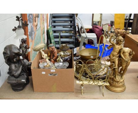 A quantity including Eastern metal wares, a patinated metal lamp, a porcelain oil lamp (converted) with gilt mounts, cut glas