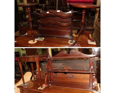 A mahogany two drawer occasional table, mahogany three tier hanging shelf, two mahogany reproduction wine tables, a reproduct