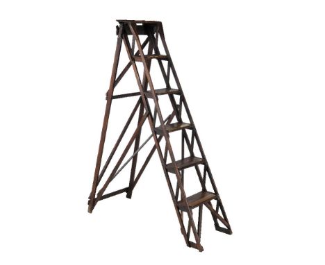 A stained wood step-ladder, dated 1919, the metalwork stamped 'JONES'S PATENT' and inscribed No. 135683 - 1919, 128.5 cm high