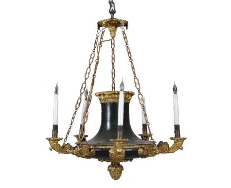 A Restauration painted metal five light chandelier, circa 1840 and later adapted, originally for oil, the electrical fitments