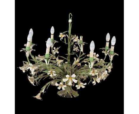 An Italian painted, pressed and wrought metal eight light chandelier, second half 20th century, the foliate sconces above scr