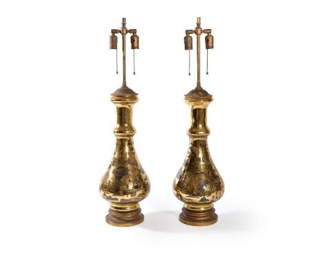 A pair of twin light decoupage decorated glass table lamps in the Japonisme taste, 20th century, of pear form, the gilt bodie