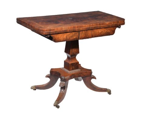 ϒTwo similar George IV flame mahogany and rosewood banded card tables, circa 1825, the tops revolving to baize playing surfac
