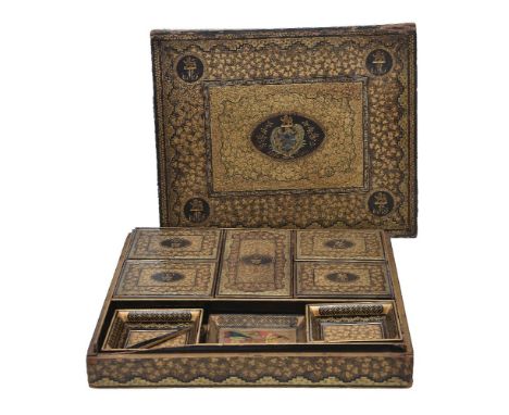 ϒA Chinese export parcel gilt and black lacquered papier mâché games box, second quarter 19th century, of rectangular form, p