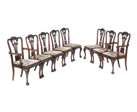 A set of eight mahogany dining chairs in George III style, late 19th century, after the manner of Thomas Chippendale, each wi