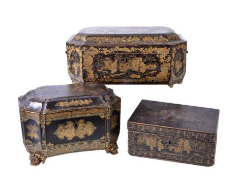 A Chinese export black and gilt lacquer sewing box and cover, Qing Dynasty, 19th century, of oblong octagonal form with paw f