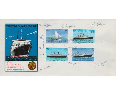 Multi Signed Tristan da Cunha Visit of the R. M. S. Queen Elizabeth 2 FDC Signed by C. Swain plus 6 others with Single Post M