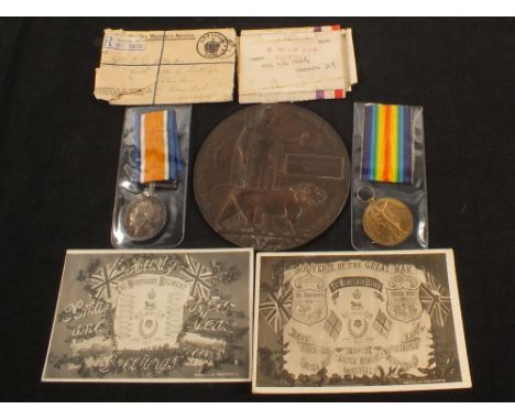 BWM and Victory medals with memorial plaque postcards etc, to 25414 Pte Walter Thomas Woods Hampshire Reg K in A 4-9-18, comm
