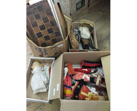 A boxed wooden Labrynth game, Controll-O-Ball, an old Backgammon set, various costume dolls, a vintage tin plate pony drawn c