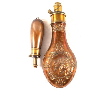 A 'nags head' powder flask with a pistol flask, both by G & J Hawksley
