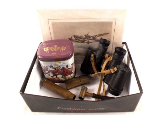 A mixed lot including 1944 dated binoculars, powder measure and a signed Joe Crowfoot print