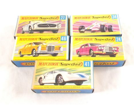 Five boxed Matchbox Superfast 1-75 Series, 24c Rolls Royce Silver Shadow in metallic red body, 27d Mercedes 230SL in yellow, 