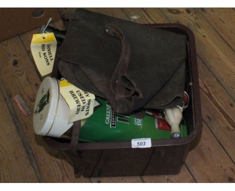 A brewery leather apron, Army spats, bottles plus other breweriana