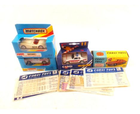 Boxed Corgi and Matchbox models, empty Corgi 310 box plus various decals