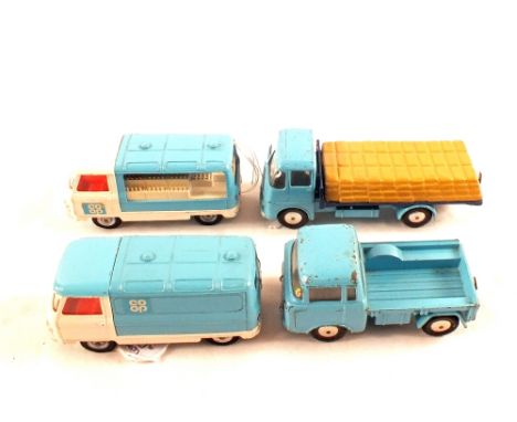 A Corgi 466 Commer milk float Co-op, 462 Commer van Co-op, 409 forward control Jeep and 457 ERF platform lorry with cement ba