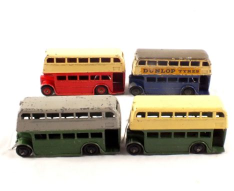 A Dinky 1938-40 29C 1st type double decker bus AEC radiator and no stairs in green and cream, plus grey and green plus 1946-4